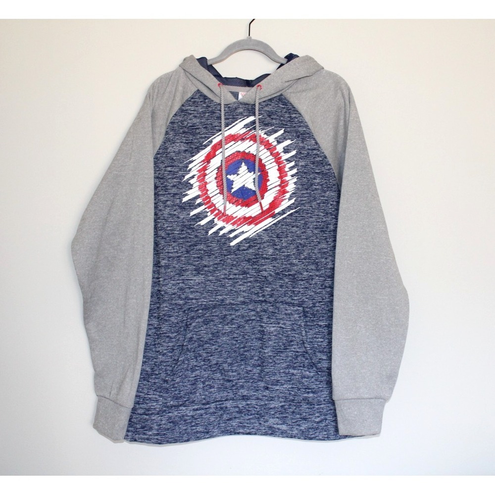 Marvel Captain America Gray Blue Hoodie Sweatshirt Pullover Mens Size XXL Casual